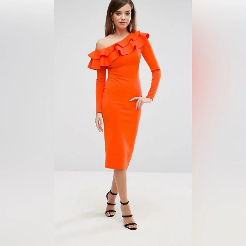 NWT ORANGE ASOS CLUB L LONDON ONE SHOULDER  FRILL MIDI DRESS  L/16 - Picture 3 of 6